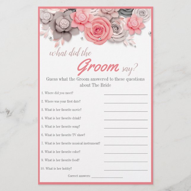 What did the Groom Say Bridal Shower Game Card (Front)