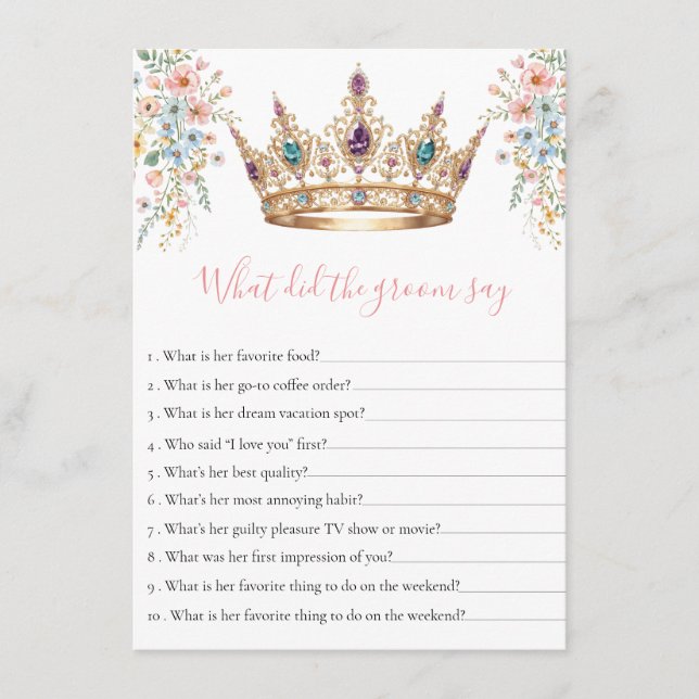 What Did the Groom Say queen Bridal Shower Game Enclosure Card (Front)