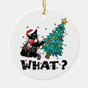 WHAT Funny Black Cat Santa Pushing Christmas Tree  Ceramic Ornament