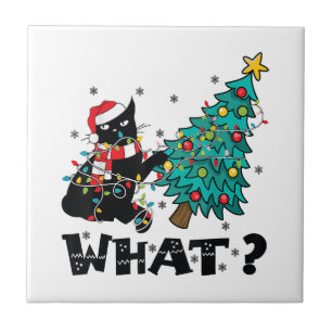 WHAT Funny Black Cat Santa Pushing Christmas Tree Ceramic Tile