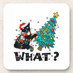 WHAT Funny Black Cat Santa Pushing Christmas Tree  Coaster