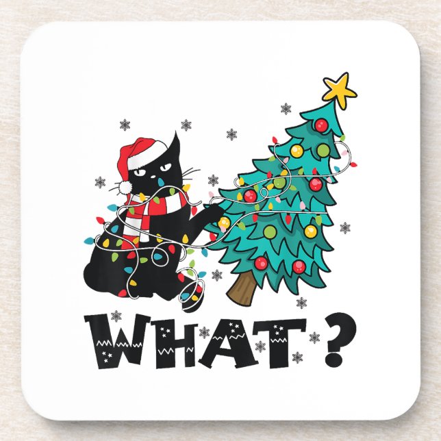 WHAT Funny Black Cat Santa Pushing Christmas Tree  Coaster (Front)