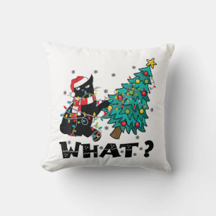 WHAT Funny Black Cat Santa Pushing Christmas Tree Cushion