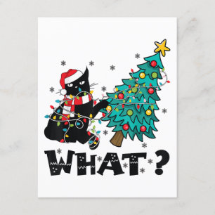 WHAT Funny Black Cat Santa Pushing Christmas Tree  Enclosure Card