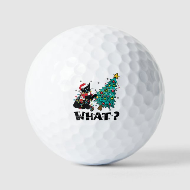 WHAT Funny Black Cat Santa Pushing Christmas Tree  Golf Balls (Front)