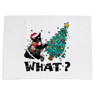 WHAT Funny Black Cat Santa Pushing Christmas Tree  Large Gift Bag