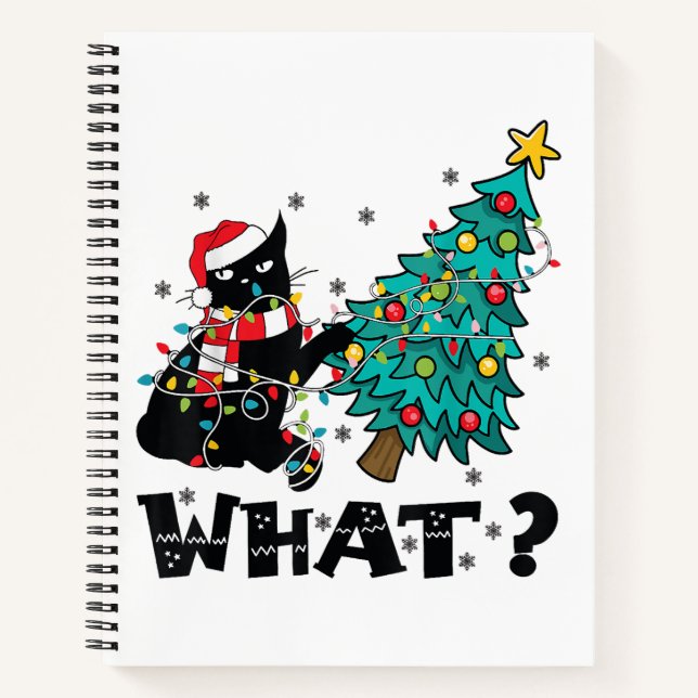 WHAT Funny Black Cat Santa Pushing Christmas Tree  Notebook (Front)