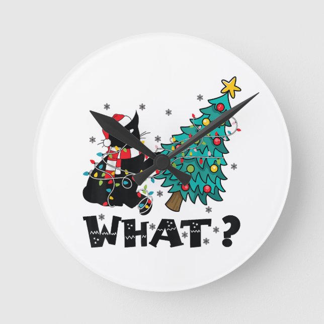WHAT Funny Black Cat Santa Pushing Christmas Tree  Round Clock (Front)