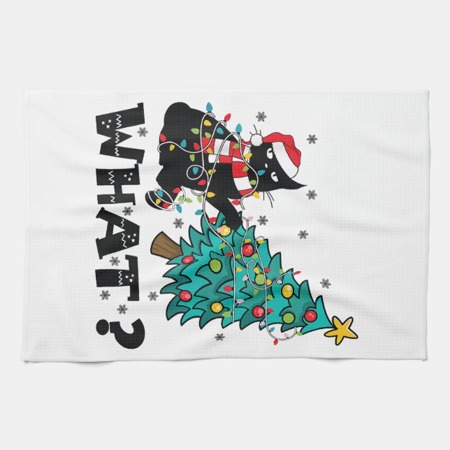WHAT Funny Black Cat Santa Pushing Christmas Tree  Tea Towel (Horizontal)