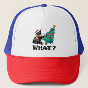WHAT Funny Black Cat Santa Pushing Christmas Tree  Trucker Hat