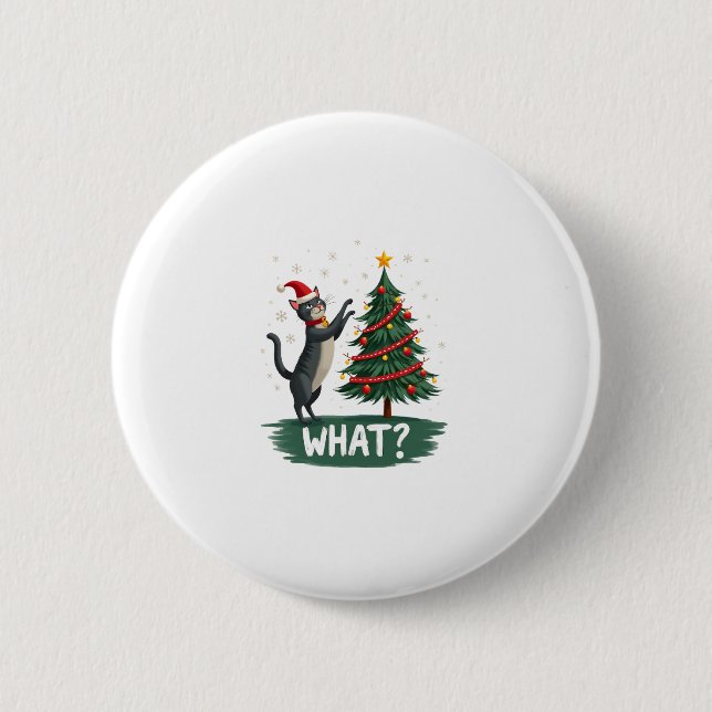 What Funny Cat Pushing Christmas Tree Over Cat Xma 6 Cm Round Badge (Front)