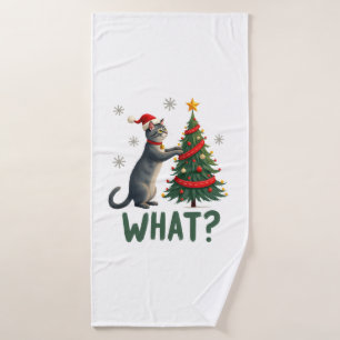 What Funny Cat Pushing Christmas Tree Over Cat Xma Bath Towel