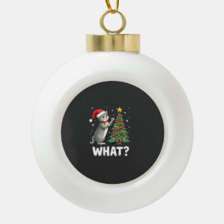 What Funny Cat Pushing Christmas Tree Over Cat Xma Ceramic Ball Christmas Ornament