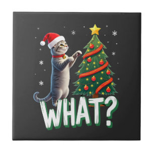 What Funny Cat Pushing Christmas Tree Over Cat Xma Ceramic Tile