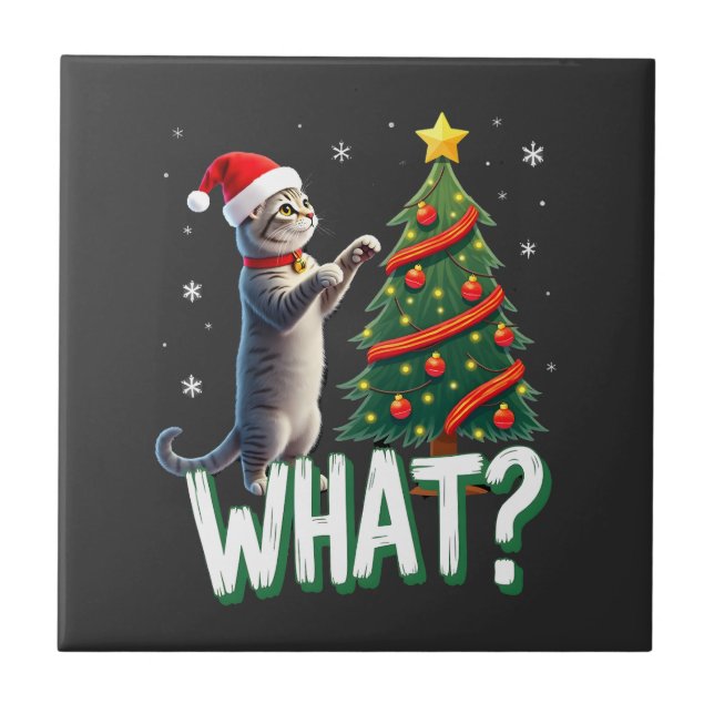 What Funny Cat Pushing Christmas Tree Over Cat Xma Ceramic Tile (Front)