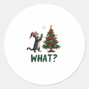 What Funny Cat Pushing Christmas Tree Over Cat Xma Classic Round Sticker