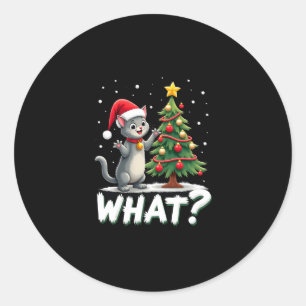 What Funny Cat Pushing Christmas Tree Over Cat Xma Classic Round Sticker