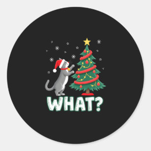 What Funny Cat Pushing Christmas Tree Over Cat Xma Classic Round Sticker