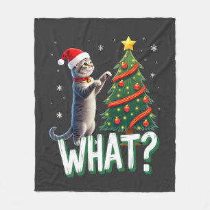 What Funny Cat Pushing Christmas Tree Over Cat Xma Fleece Blanket