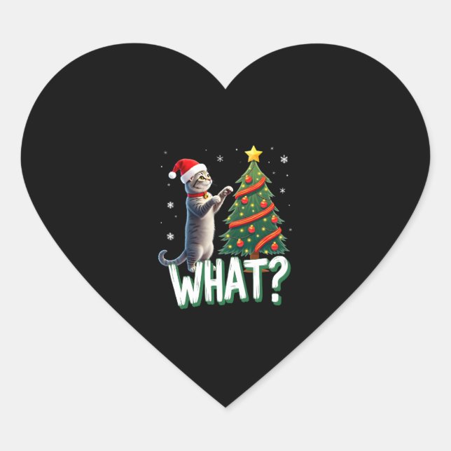 What Funny Cat Pushing Christmas Tree Over Cat Xma Heart Sticker (Front)