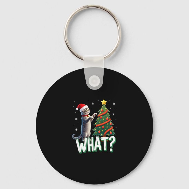 What Funny Cat Pushing Christmas Tree Over Cat Xma Key Ring (Front)