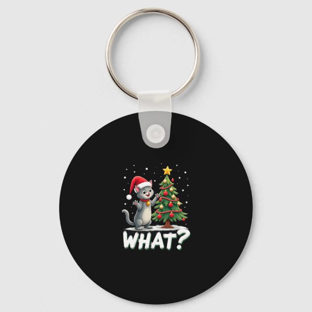 What Funny Cat Pushing Christmas Tree Over Cat Xma Key Ring (Front)