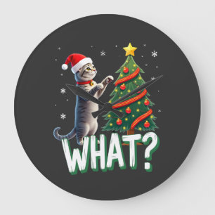 What Funny Cat Pushing Christmas Tree Over Cat Xma Large Clock
