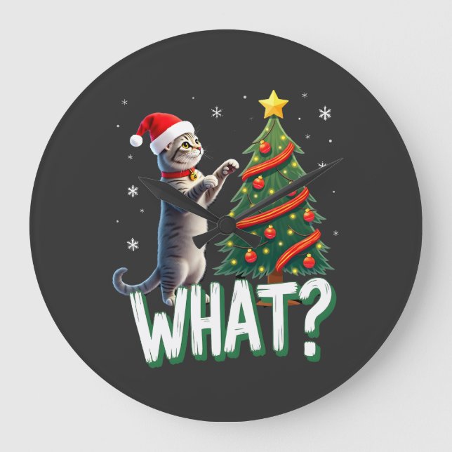 What Funny Cat Pushing Christmas Tree Over Cat Xma Large Clock (Front)