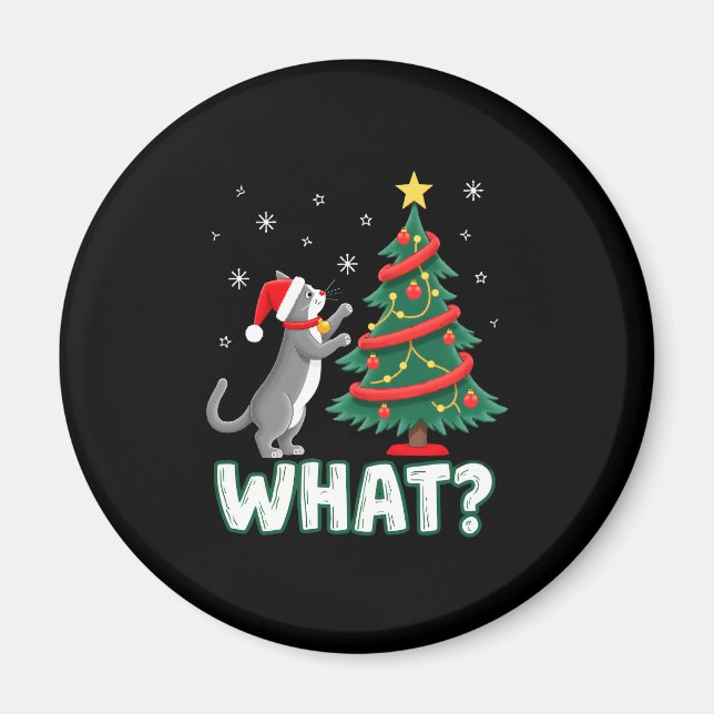 What Funny Cat Pushing Christmas Tree Over Cat Xma Magnet (Front)