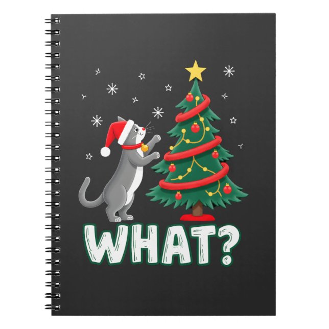 What Funny Cat Pushing Christmas Tree Over Cat Xma Notebook (Front)