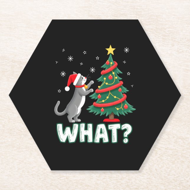 What Funny Cat Pushing Christmas Tree Over Cat Xma Paper Coaster (Front)