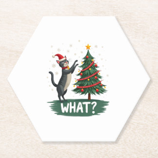 What Funny Cat Pushing Christmas Tree Over Cat Xma Paper Coaster