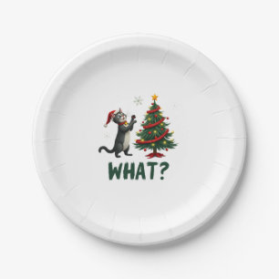 What Funny Cat Pushing Christmas Tree Over Cat Xma Paper Plate