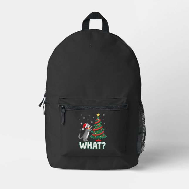 What Funny Cat Pushing Christmas Tree Over Cat Xma Printed Backpack (Front)