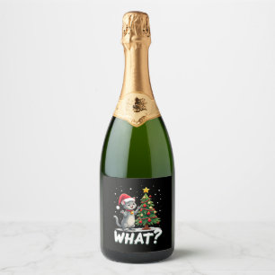 What Funny Cat Pushing Christmas Tree Over Cat Xma Sparkling Wine Label