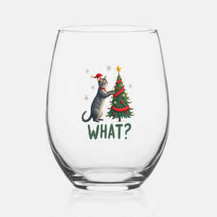 What Funny Cat Pushing Christmas Tree Over Cat Xma Stemless Wine Glass