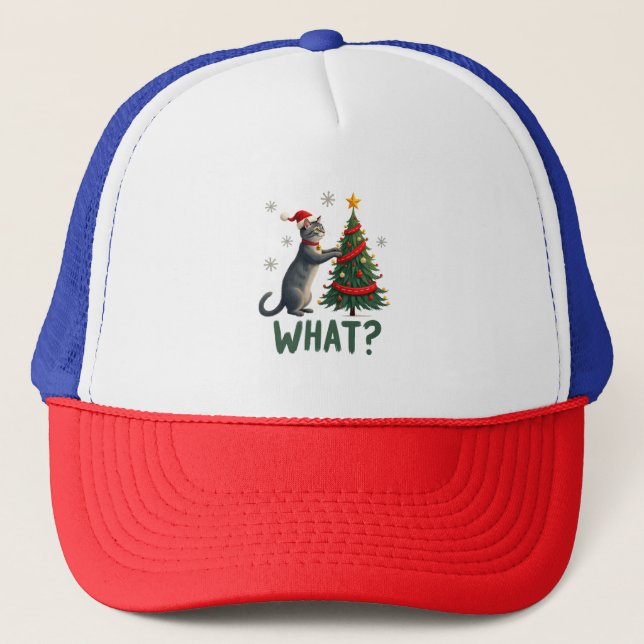 What Funny Cat Pushing Christmas Tree Over Cat Xma Trucker Hat (Front)