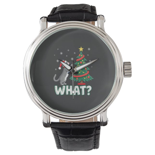 What Funny Cat Pushing Christmas Tree Over Cat Xma Watch (Front)
