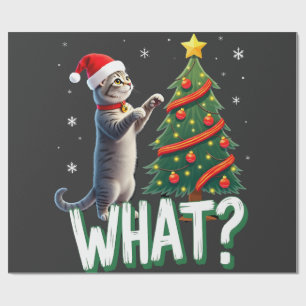 What Funny Cat Pushing Christmas Tree Over Cat Xma Wrapping Paper