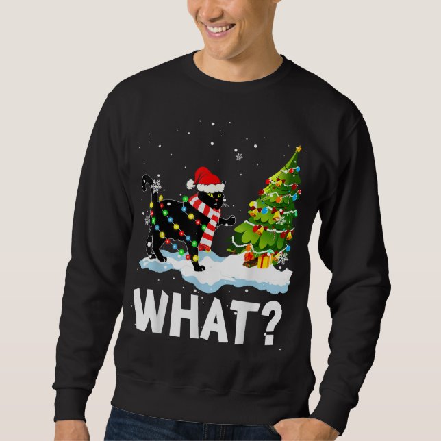 What Funny Santa Cat Pushing Christmas Tree Xmas L Sweatshirt (Front)