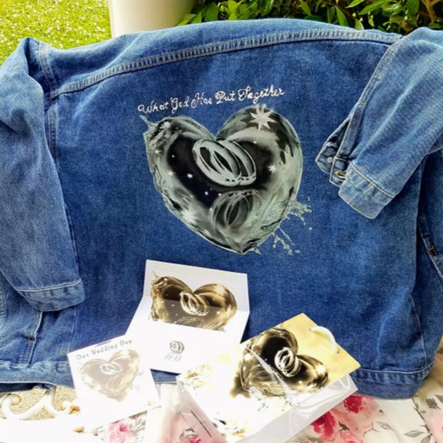 "What God Has Put Together" Wedding  Denim Jacket (Lovely  bridal demin jacket  with  two wedding bands inside a crystal heart.)