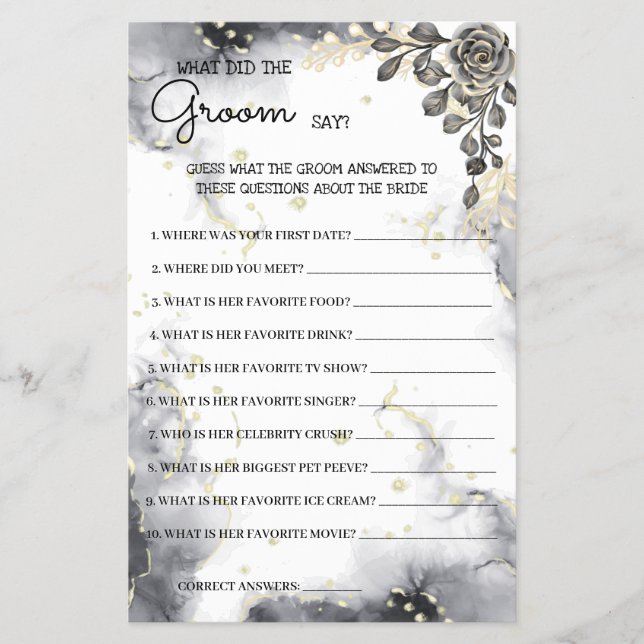 What Groom say Black Roses Bridal Shower Game Card (Front)