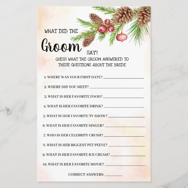 What Groom say Christmas Bridal Shower Game Card (Front)