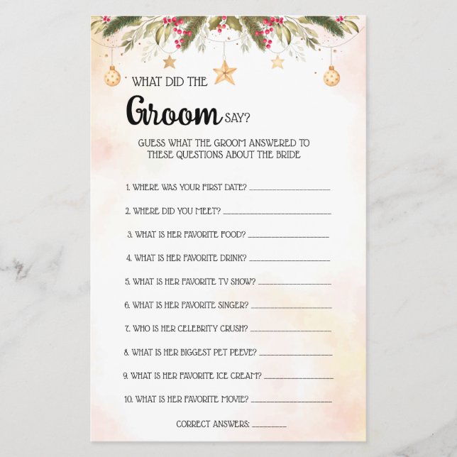 What Groom say Christmas Bridal Shower Game Card F (Front)