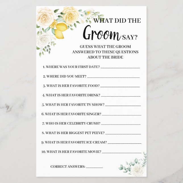 What Groom say Lemon&Roses Bridal Shower Game Card (Front)