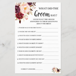 What Groom say Marsala Bridal Shower Game Card