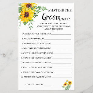 What Groom say Sunflowers Bridal Shower Game Card