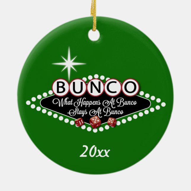 What Happens At Bunco Round Ceramic Tree Decoration (Back)