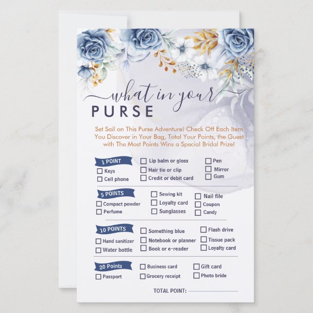 What in Your Purse Blue Floral Bridal Shower Games (Front)