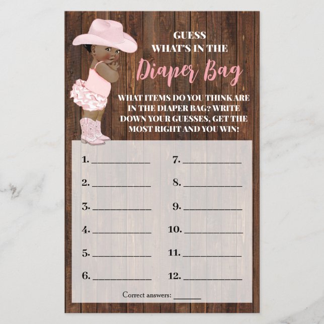 What is In Diaper Bag AA Cowgirl Shower Game Card (Front)